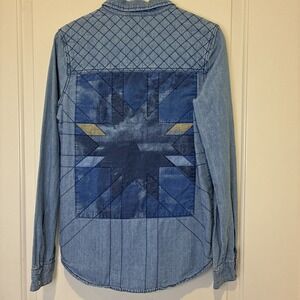 Roxy Womens Wales Blue Chambray Quilted Star Back Button Down Shirt  Small